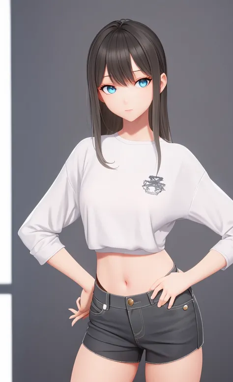 masterpiece, best quality, 1girl, shiny skin, bule shirt,standing, looking at viewer, hand on hip,