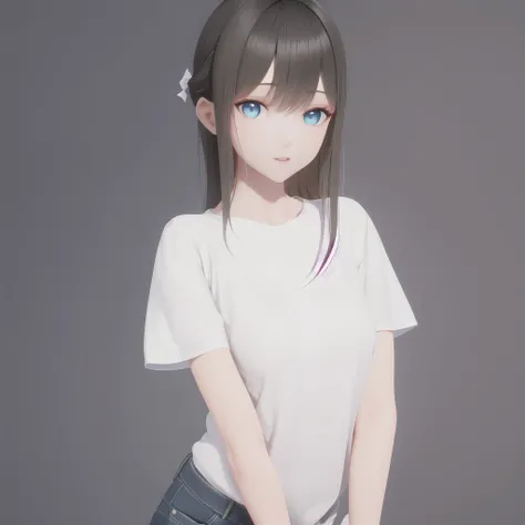 masterpiece, best quality, 1girl, shiny skin, bule shirt,standing, looking at viewer,