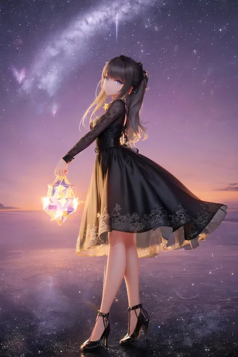 (masterpiece, best quality, extremely detailed CG, beautiful detailed eyes, ultra-detailed, intricate details:1.2), 8k wallpaper, elaborate features, (1girl, solo:1.4), <lora:YOYOLUMIMihoyo_10:0.8>, full body, looking at viewer, standing, smile, ultra-detalied face, untied hair, simple hair ornament, medium breast, roseslip dress, thigh strap on one leg, black tights, fuchsia high heels, star trail,