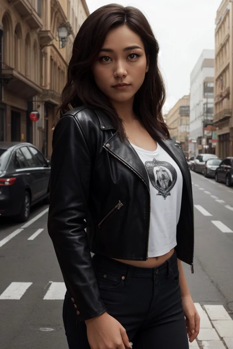 <lora:mondongo_LoRA_KarenFukuhara:1> mndngwmn, (3/4 body protrait), (8k, masterpiece),(high quality), wearing a leather jacket, on the street