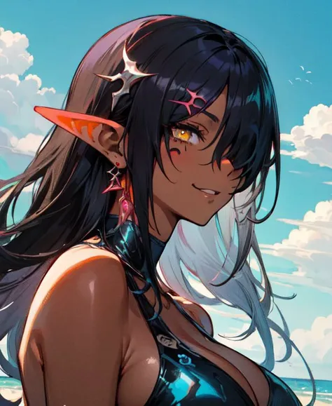 <lora:olga-lora-v1.1-128dim-10ep-naivae-5gamma:0.3>, olga discordia, dark elf, (dark skin, dark-skined female:1.2), (pointed ears:1.15), (hair over one eye:1.33), 1 woman, adult, hair ornament, deep violet hair cut, large breasts, neon yellow eyes, shiny skin, (happy:1.1), face tattoo,
earrings, jewelry, one-piece swimsuit, prints, intricate details, bare arms,
dynamic pose, side view,
<lora:add_sharpness:0.66>, <lora:more_details:0.33>, <lora:sxz-niji-v2:0.33>, outdoors, intense daylight, beach, clouds, sky, high saturation, deep shadows