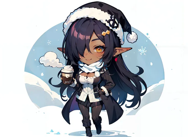 1girl,  <lora:olga-lora-v1.1-128dim-10ep-naivae-5gamma:0.5>, olga discordia, dark elf, (dark skin, dark-skinned female:1.2), long pointed ears, large breasts, [black | violet] hair, hair ornament, (hair cover one eye:1.33),  yellow eyes, very long hair, (happy, giggles:1.1), winter gloves, coat, scarf, warm hat, winter hat, skirt, black  pantyhose, (warm clothes:1.1),(winter clothes:1.15), intricate details, winter, snow, cold, cold colors, steam, coffee cap, (holding a coffee cap in the hands:1.1), <lora:sxz-niji-v2:0.25>, nijistyle, (chibi:1.2)