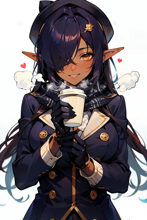 1girl,  <lora:olga-lora-v1.1-128dim-10ep-naivae-5gamma:0.5>, olga discordia, dark elf, (dark skin, dark-skinned female:1.2), long pointed ears, large breasts, [black | violet] hair, hair ornament, (hair cover one eye:1.33),  yellow eyes, very long hair, (happy, giggles:1.1), winter gloves, coat, scarf, warm hat, winter hat, skirt, black  pantyhose, (warm clothes:1.1),(winter clothes:1.15), intricate details, winter, cold, cold colors, steam, coffee cap, (holding a coffee cap in the hands:1.1), <lora:sxz-niji-v2:0.25>, nijistyle, upper body