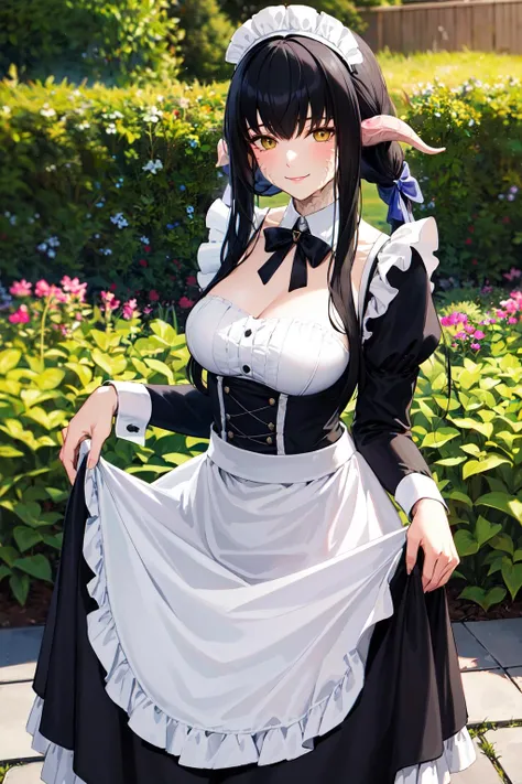 high quality, masterpiece, super detailed, 1 girl, extremely detailed faces, Black latex bunny girl,Maid tiara,handcuffs,collar,Calm expression,Smile,handcuffs,collar,long black hair, charming pink eyes, fox ears, Ridiculously big, shiny skin, Outdoor sports, garden, Medieval western town,