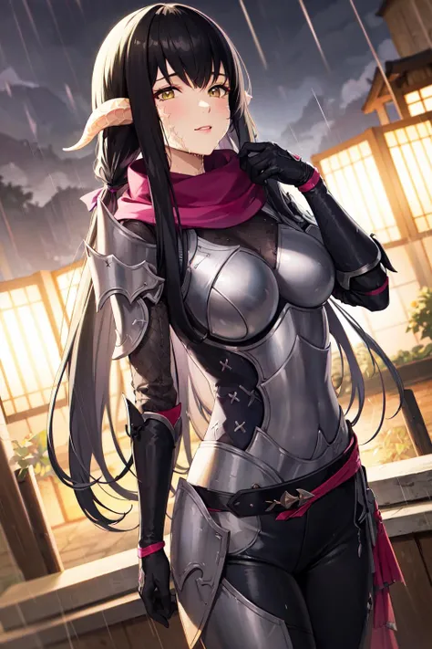 masterpiece, best quality, highres, aayugiri, long hair, black hair, blunt bangs, horns, scales, purple scarf, shoulder armor, japanese armor, gloves, pants, <lora:yugiri_mistwalker_v1:0.7>, night, (rain:1.2), wet, outdoors, cloud