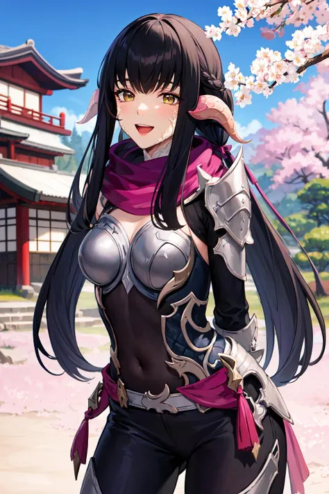 masterpiece, best quality, highres, aayugiri, long hair, black hair, blunt bangs, horns, scales, purple scarf, shoulder armor, japanese armor, gloves, pants, <lora:yugiri_mistwalker_v1:0.7>, smile, open mouth, outdoors, standing, cowboy shot, leaning forward, arms behind back, cherry blossoms,