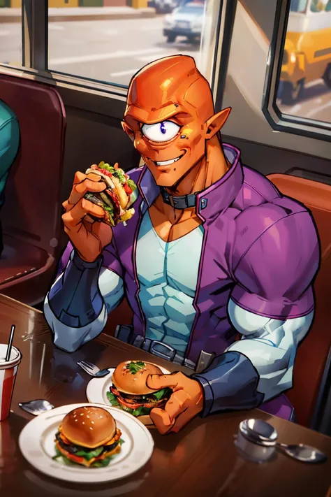 allenalien2023, muscular, orange skin, cyclops, 1eye, violet costume, collar,bracers,greaves, three fingers, looking at viewer, smiling, upper body shot,
sitting behind a table, inside a cozy diner, table full of food, hamburgers, french fries, neon lighting, extreme detail, masterpiece, <lora:allenalien2023:1>