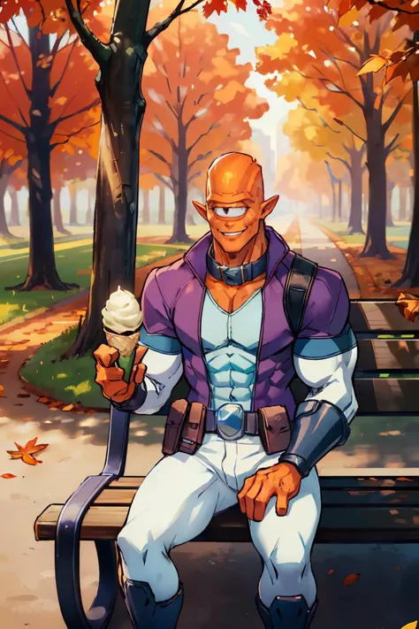 allenalien2023, muscular, orange skin, cyclops, 1eye, violet costume, white pants, collar, utility belt, bracers, greaves, three fingers, looking at viewer, smiling, happy,
sitting, on bench, holding a large ice cream cone, outside, park, field, trees, autumn, autumn leafs,  extreme detail, masterpiece, <lora:allenalien2023:1>