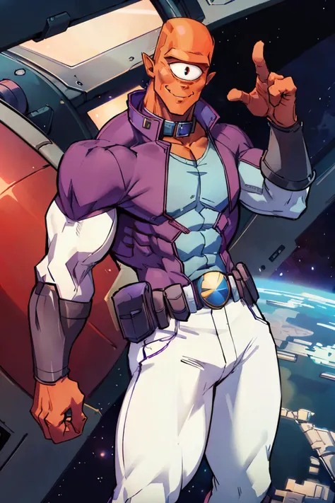 allenalien2023, muscular, orange skin, cyclops, 1eye, violet costume, white pants, collar, utility belt, bracers, greaves, three fingers, looking at viewer, smiling, medium shot, standing, in space, earth background, extreme detail, masterpiece, <lora:allenalien2023:1>