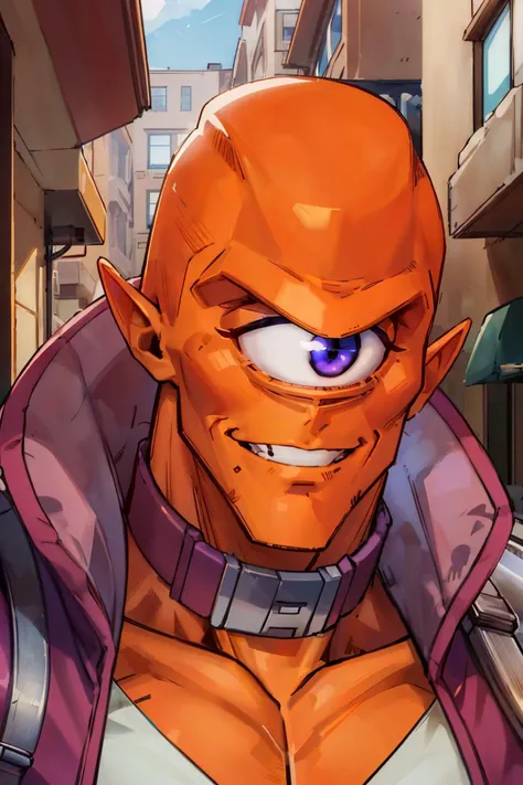 allenalien2023, muscular, orange skin, cyclops, 1eye, violet costume,collar, looking at viewer, smiling, portrait, outside, blue sky, extreme detail, masterpiece, <lora:allenalien2023:1>