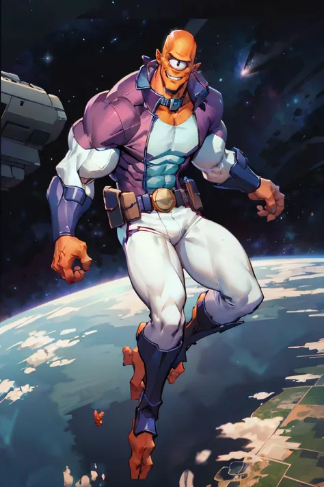 allenalien2023, muscular, orange skin, cyclops, 1eye, violet costume, white pants, collar, utility belt, bracers, greaves, three fingers, looking at viewer, serious, grin, full body shot, flying, space, earth background, extreme detail, masterpiece, <lora:allenalien2023:1>