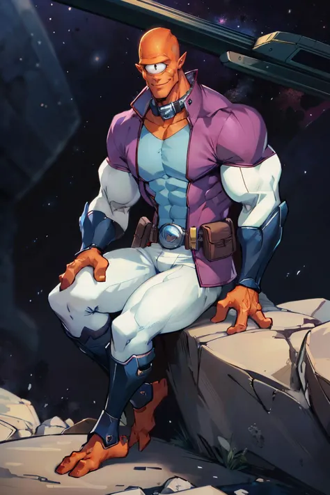allenalien2023, muscular, orange skin, cyclops, 1eye, violet costume, white pants, collar, utility belt, bracers, greaves, three fingers, looking at viewer, smiling,
sitting,outside, on rock, space, earth background, extreme detail, masterpiece, <lora:allenalien2023:1>