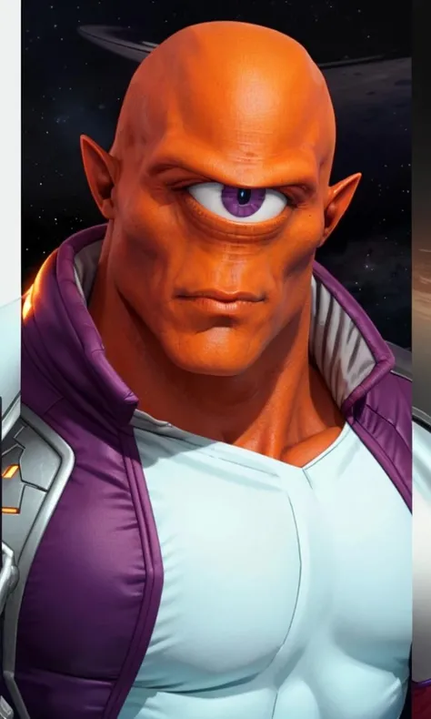 allenalien2023, flying through space, purple suit, white pants, collar, utility belt, bracers, 1 eye, close-up, orange skin, three fingers.cyclops,