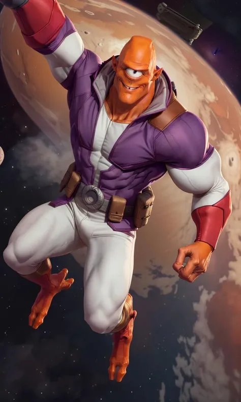 allenalien2023, violet costume, white pants, collar, utility belt, bracers, 1 eye, orange skin, three fingers, cyclops, cheesy smile, full body, muscular, flying through space,