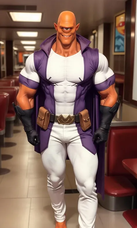 allenalien2023, violet costume, white pants, collar, utility belt, bracers, 1 eye, orange skin, three fingers, cyclops, cheesy smile, standing in diner, full body, muscular, superhero,