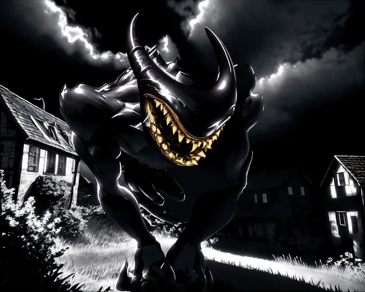<lora:Beast Bendy-32:1> Beast Bendy outside a small village with a smile, photorealistic, hdr, high contrast