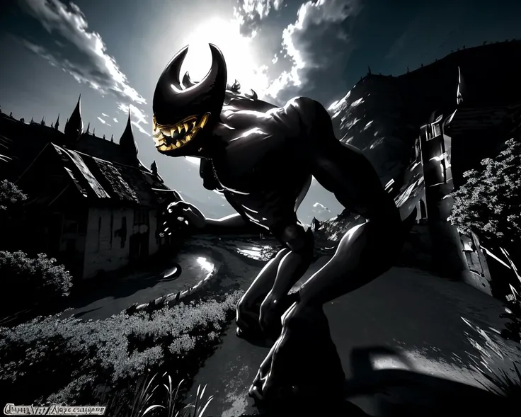<lora:Beast Bendy-32:1> Beast Bendy outside a small village with a smile, photorealistic, hdr, high contrast