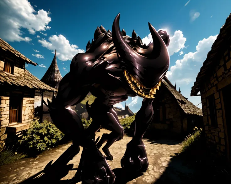 <lora:Beast Bendy-32:1> Beast Bendy outside a small village with a smile, photorealistic, hdr, high contrast