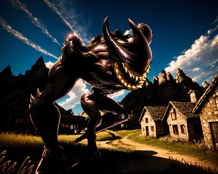 <lora:Beast Bendy-32:1> Beast Bendy outside a small village with a smile, photorealistic, hdr, high contrast