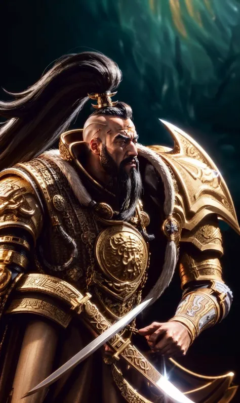 (((1boy, khan, Jaghatai Khan, white and gold Armor, curved sword, scimitar ,))), white scar, (((black hair, black long Goatee beard, ponytail, proud, mongol, ))), ((medium long, motion,)),
masterpiece, best quality, hyperrealistic, extremely detailed, highly quality, 4k, sharp focus, professional photograph, sharp focus, award winning, cinematic lighting, octane render, unreal engine, volumetrics dtx, Wallpaper, <lora:Khan MK1 by CARAXES:0.7> <lora:add_detail:1>