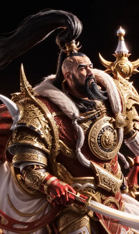 (((1boy, khan, Jaghatai Khan, white and gold Armor, curved sword, scimitar ,))), white scar, (((black hair, black long Goatee beard, ponytail, proud, mongol, ))), ((medium long, motion,)),
masterpiece, best quality, hyperrealistic, extremely detailed, highly quality, 4k, sharp focus, professional photograph, sharp focus, award winning, cinematic lighting, octane render, unreal engine, volumetrics dtx, Wallpaper, <lora:Khan MK1 by CARAXES:0.7> <lora:add_detail:1>