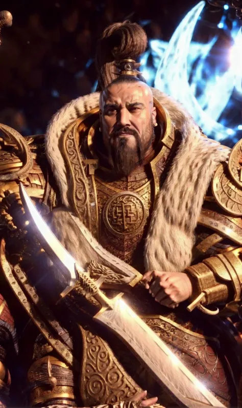 (((1boy, khan, Jaghatai Khan, white and gold Armor, curved sword, scimitar ,))), white scar, (((black hair, black long Goatee beard, ponytail, proud, mongol, ))), ((medium long, motion,)),
masterpiece, best quality, hyperrealistic, extremely detailed, highly quality, 4k, sharp focus, professional photograph, sharp focus, award winning, cinematic lighting, octane render, unreal engine, volumetrics dtx, Wallpaper, <lora:Khan MK1 by CARAXES:0.7> <lora:add_detail:1>