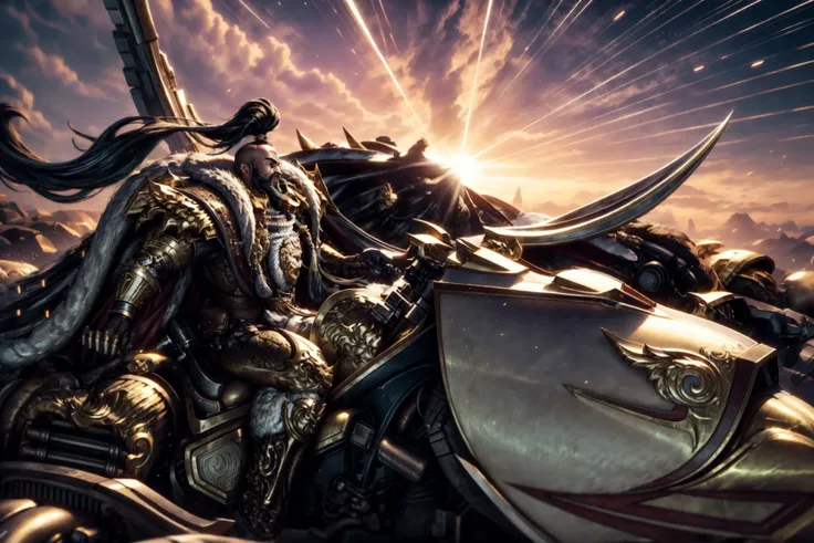 volumetric cinematic lighting, (highly detailed:1.4), smooth, sharp focus, full body 8k unity render, action shot, realistic reflections, cinematic composition, <lora:tool - more_details:0.7>
khan, <lora:Khan MK1 by CARAXES:0.8>
detailed armor, detailed face, silver and gold detailing, fur details, cape,
intricate ornamented, full armor, holding sword,
topknot hair, black hair, rugged face, skin pores, rugged, metallic sheen armor, smiling, dynamic posture, riding flying jetbike,
lush steppe, prairie landscape background, particles floating, clear sky, bright cinematic lighting, soft shadows,