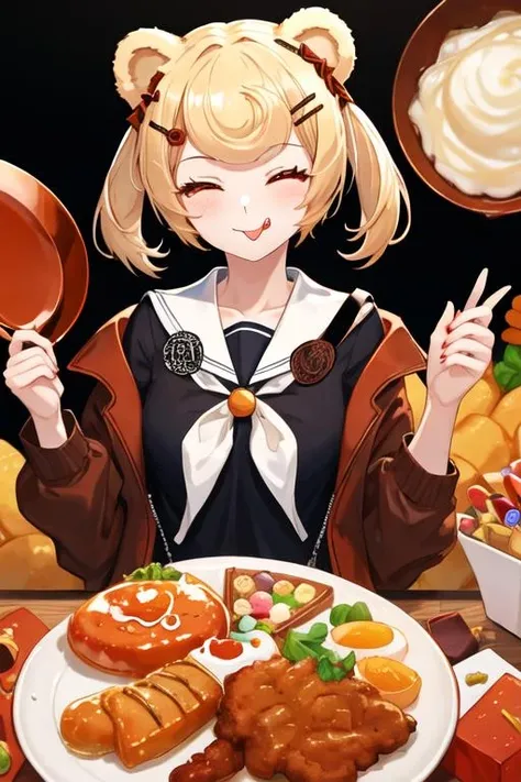 best quality, masterpiece, highres, solo, {gum_arknights:1.15}, animal_ears, blonde_hair, bear_ears, short_hair, hair_ornament, candy_hair_ornament, hairclip, food-themed_hair_ornament, bangs, smile, orange_eyes, upper_body, red_eyes, 1girl, black_jacket, frying_pan, holding, jacket, looking_at_viewer, one_eye_closed, tongue, tongue_out, egg, food, long_sleeves, sailor_collar