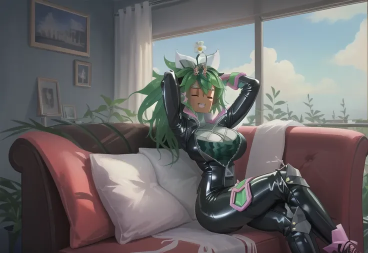 (kanna blaster master:1), sitting, latex, skin tight, fishnets, couch, flora fauna, cleavage, crossed legs, (arms up), green skin, zipper, (best quality, masterpiece) large breasts, (thick thighs), indoors,<lora:kannaBlasterMaster_v1:1>