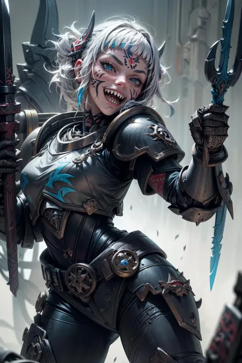 smilling, sharp teeth, photo of 1girl, gawr gura, wearing carcha, full armor, black armor, armor detail, (shark teeth details:1.1) spear , claws(weapon), ((intricate maori face tattoo:1.1)), primaris, <lora:tool - add_detail:1> <lora:subject - gura-10:0.7> <lora:CARCHARODONS MK4.5 by CARAXES-000019:0.6>