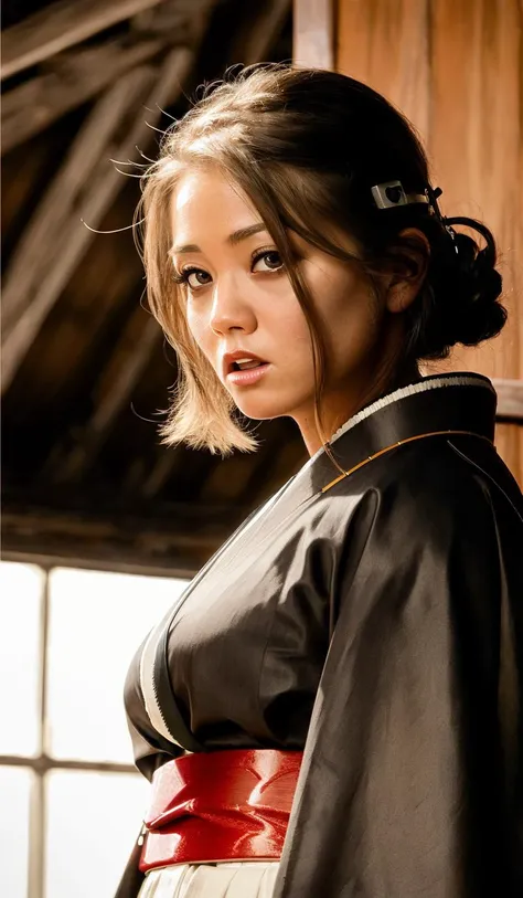 (RitaFaltoyano),
ginger hair, Ancient female samurai warrior, action pose, fierce expression, traditional Japanese garb, hakama, kimono, obi, kabuto helmet, naginata, wooden shaft, curved blade, sharp edge, intricate carvings, polished metal, wooden armor, leather straps, tatami mats, sliding doors, shoji screens, wooden beams, rice paper, natural light, dramatic shadows, minimalist, Kurosawa, samurai cinema, black and white, high contrast, grainy texture, 1950s.
(masterpiece:1.2) (photorealistic:1.2) (bokeh) (best quality) (intricate details) (8k) (high poly) (ray tracing) (cinematic lighting) (sharp focus) (detailed face) (detailed pupils)