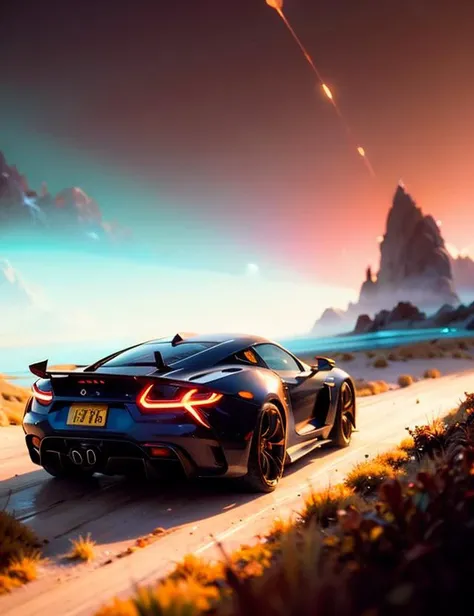 Super car, concept art, low angle, high detail, warm lighting, volumetric, godrays, vivid, beautiful, trending on artstation, by Jordan grimmer, huge scene, grass, art greg rutkowski