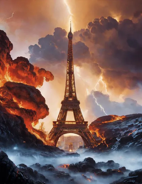 ((Eiffel Tower) on a mountain among fiery lava, huge lightning bolts, a dramatic plot), deep twisting communal hive maze of magma and lava, award winning art, epic dreamlike fantasy landscape, art print, science fiction, ultra realistic,  ilya kuvshinov, artgerm, krenz cushart, greg rutkowski. 4 k, beautiful, cinematic dramatic atmosphere, 4k, beautiful, cinematic dramatic atmosphere