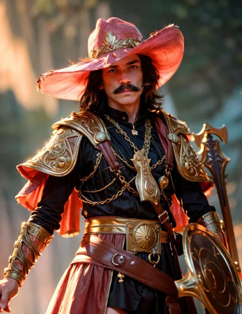 High resolution, high quality, high detail, soft lighting, cinematic lighting, realistic, DSLR, bokeh, studio quality, film grain, panorama, film grab of a young landsknecht wearing a large hat with colorful feather plumes, plate armor, black shirt, moustache, holding a very long sword, standing, simple background, 80s fantasy movie, ( highly detailed skin:0.7),(film grain:1.3), 8k uhd, dslr, soft lighting, high quality, HDRI, Fujifilm XT3 <lora:add_detail:0.66>, Nikon D850, RAW