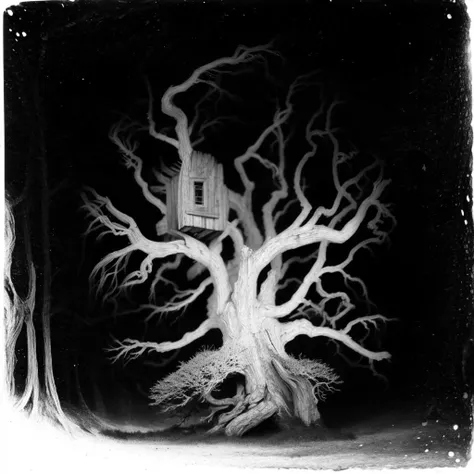 monochromatic grainy poloroid photograph of a haunted Treehouse made of rough slat boards with a flat roof in a dead and leafless twisted oak tree, surreal liminal spaces, suspenseful mist, dark misty morning, masterpiece illustration