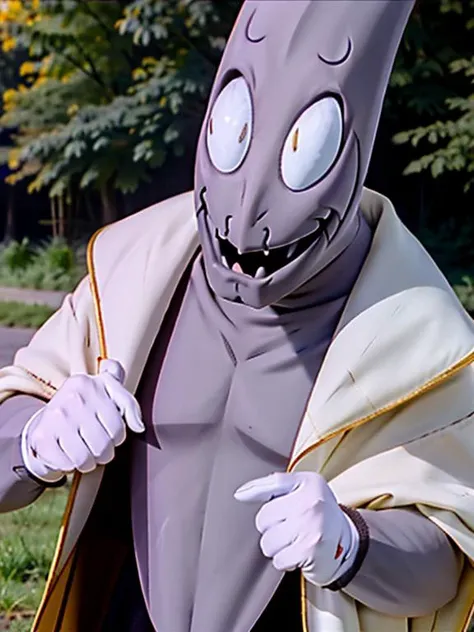 <lora:add_sharpness:0.6>, screenshot from the 1983 film, <lora:CJf:0.6> 1boy, a supernatural villain, (cartoony:1.2), cjf, fang, full body, like a boogeyman, nature, solo, white gloves, with a burlap sack over his head, dynamic action pose, close-up, smiling,