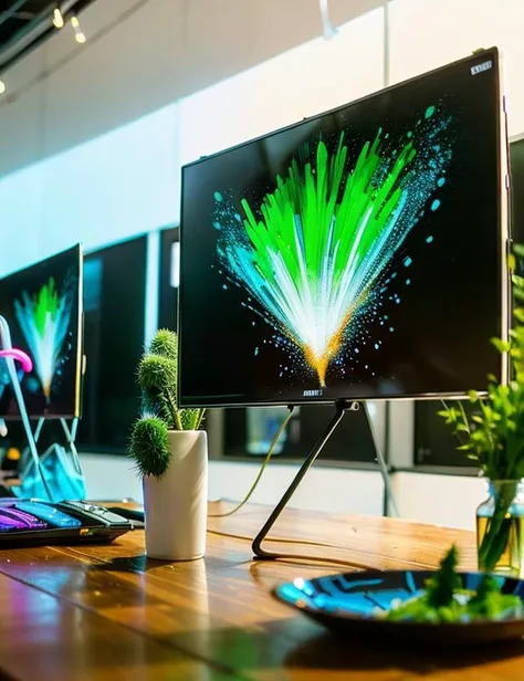 this looks acceptable. please start testing (nouveau:1.21) before it gets out, (((minimalist neon flagship samsung store, white walls, oak parquet floor, hanging lights, geometric furniture, large digital screens, display tables with phones and tablets, verdant plants))) concept art, vibrant colour, john berkey, beeple, wlop, makoto shinkai, yoji shinkawa