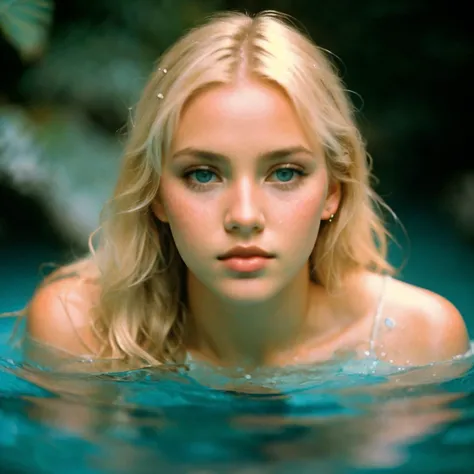 (Ultrarealistic), looks into the camera, good quality, 18 year old woman, alone, platinum blonde wavy hair, slender waist, tight belly, toned legs, slim athletic legs, Natural big breasts, slim body, flawless skin, full lips, self confident, narrow pelvis, narrow shoulders, (filmic), ((bright eyes)), monochromatic eyes, detailed, eyes, beautiful hand, natural fingers with natural nails, Perfectly straight white teeth, kink hips, defined body, great barrier reef, dives under water, underwater world, colorful fish and corals, crystal clear water, Full body shot, mermaid, mermaid, exotic aquatic plants