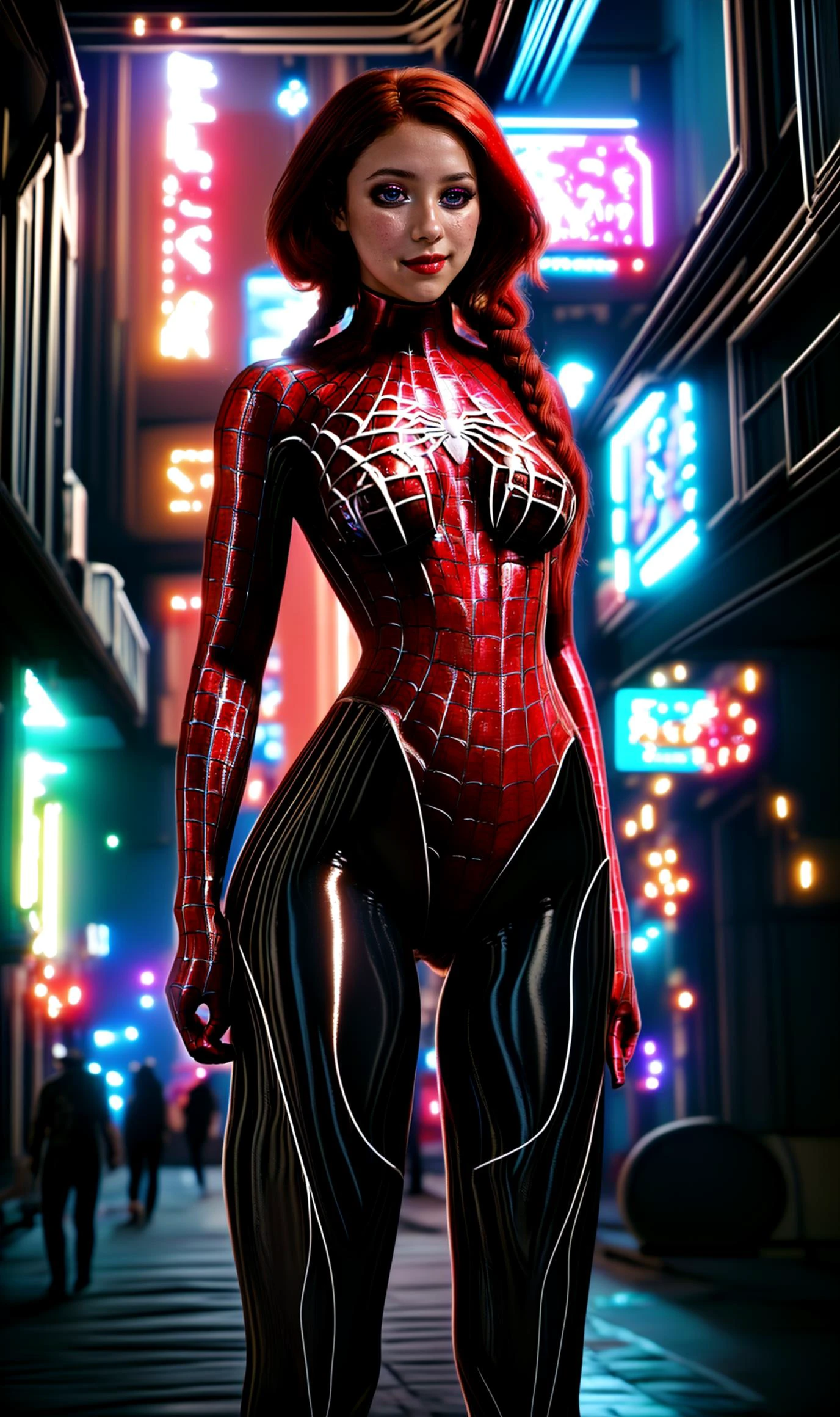 (masterpiece, best quality, cinematic light), (vibrant colors, two tone lighting, ray tracing), cyberpunk \(theme\), cyberpunk_2077 busy crowded street in Night city, bright neon lights, busy background, holographic ads, dark night, skindetail, (1girl), (medium shot) ADDCOMM ADDCOL 1girl, a RAW photo of angelic beautiful cute girl (j3nny-001:0.99) with delicate features (long blonde hair:1.2), symmetrical hairstyle, Blunt bob with bangs, (hourglass body shape), medium breasts, cleavage, narrow waist, (shiny skin, oiled skin:1.1), front view, posing, (Spider Man costume, skintight) ADDCOL <lora:NightCity:0.65>, <lora:绪å¿-èèä¾ black Spider Man costume:0.8>