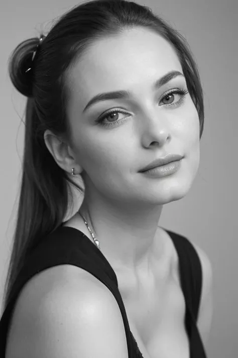 face, monochrome, portrait, 1940's hairdo, headshot, ponytail, ((cleavage)), formal hairstyle, flirty, parted lips, (looking at viewer) j3nny-001