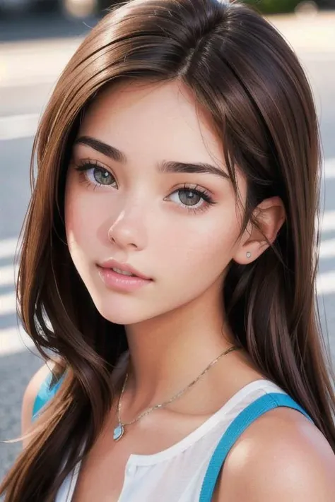 high angle shot of (brunette beauty), looking at the viewer, (brunette),19yo, cute, tanned skin, (high resolution, perfect, sharp, 8k), (ultra high resolution, 4k:1.1), highly detailed, cute look alike, kyl13-001
