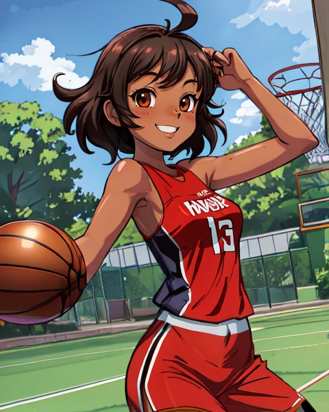 DEN_IDG_style, n1kk1-001, dark-skinned female wearing a basketball-jersey, long black hair, cheeky smile, daytime at the outdoor basketball-court, 3/4 angle shot , brown-skin, <lora:neg4all_bdsqlsz_V3.5:0.8> <lora:AdvancedEnhancer:0.8> <lora:perfect fingers :1> perfect, hand, fingers <lora:Background_Detail_v3:0.67> <lora:skin_tone_slider_v1:0.8> XenTAI-pos,
