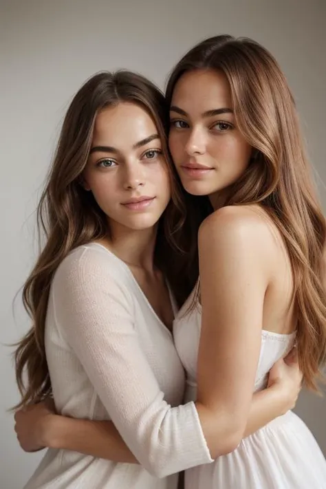 2girls, hugging, upper body, looking at viewer, white background, long hair, big breasts, epiCRealism fcHeatPortrait z03-001 and S236_CarolineKelley with pink hair