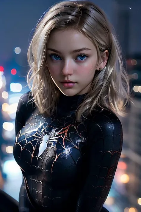 black Spider Man costume. crouching on the roof of a skyscraper. (at night:1.4). <lora:black Spider Man costume_20231118023759:0.8> BREAK  j3nny-001, blue eyes. short hair.