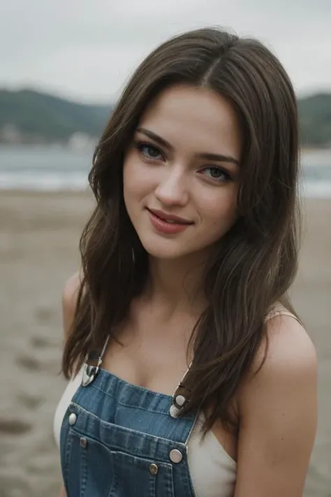 photo of (rydrmccr4nn-134:0.99), a beautiful woman, perfect hair, (smiling look), (modern photo, Rhodamine Red overalls), 24mm, (analog, cinematic, film grain:1.3), (A cozy, rustic beachfront cabin with a view of a serene bay:1.2), detailed eyes, (seductive pose), (epicPhoto), (looking at viewer), jewelry, (cinematic shot:1.3), PA7_Portrait-MCU j3nny-001