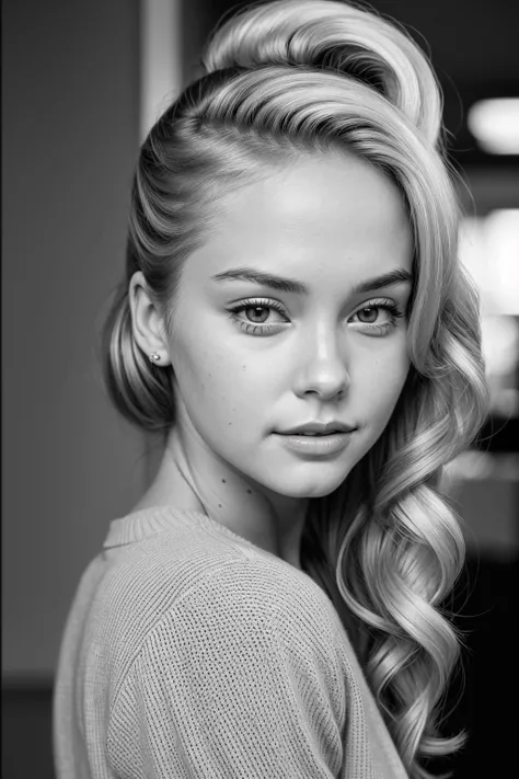 c1ndy-001, face, monochrome, portrait, (1950's hairdo:1.4), headshot, ponytail, blonde, formal hairstyle, 1950's sweater, flirty, parted lips, (looking at viewer). PA7_Photo-BW