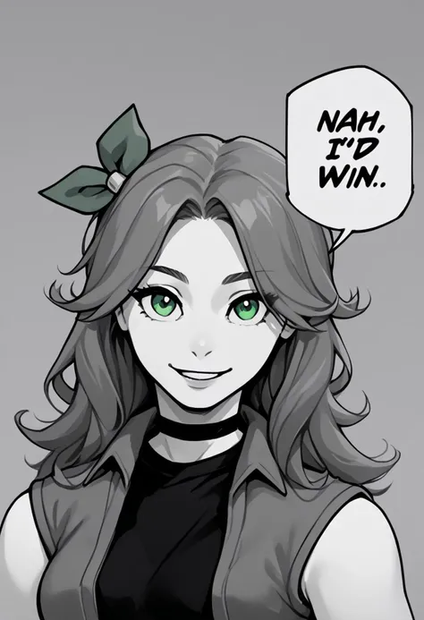 score_9, score_8_up, score_7_up, source_anime, monochrome, greyscale, nahidwin, speech bubble, english text, solo, 1girl, NSAbigailStardew, smile, looking at viewer,green eyes, long hair, parted bangs, black choker, vest, open vest, sleeveless, black shirt, hair ribbon, average breasts <lora:NSAbigailStardew:1> <lora:meme_nahidwin_ponyXL:1>