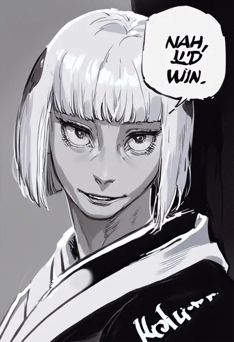 score_9, score_8_up, score_7_up, source_anime, monochrome, portrait, in speech bubble away from character's head type the words in gothic font: Nah Id win, english text, solo, female focus, 1girl, uraume, smile, looking at viewer, white hair, bob cut, blunt hair, magneta eyes, japanese clothes, black kimono, white kimono, long sleeves, wide sleeves,<lora:jjk_uraume_ponyXL:1>