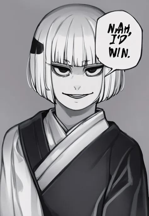 score_9, score_8_up, score_7_up, source_anime, monochrome, portrait, nahidwin, speech bubble, english text, solo, female focus, 1girl, uràume, smile, looking at viewer, white hair, bob cut, blunt hair, magneta eyes, japanese clothes, black kimono, white kimono, long sleeves, wide sleeves,<lora:jjk_uraume_ponyXL:1> <lora:meme_nahidwin_ponyXL:1>