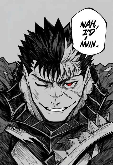 score_9, score_8_up, score_7_up, score_6_up, Guts_Armor, brown eyes, short hair, multicolored hair, spiked hair, black armor, shoulder armor, gauntlets, greaves, bandaged arm, black cape, torn cape, scar on nose, one eye closed, muscular male, grin, bared teeth, looking at viewer, red eye, nahidwin, speech bubble, english text, monochrome, greyscale, <lora:meme_nahidwin_ponyXL:1>